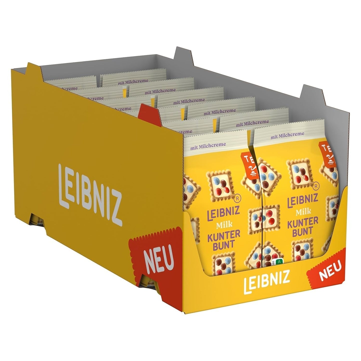 LEIBNIZ Kunterbunt Milk, confezione da 12, biscotti croccanti con crema al latte e pezzi di cioccolato (12 x 125 g)