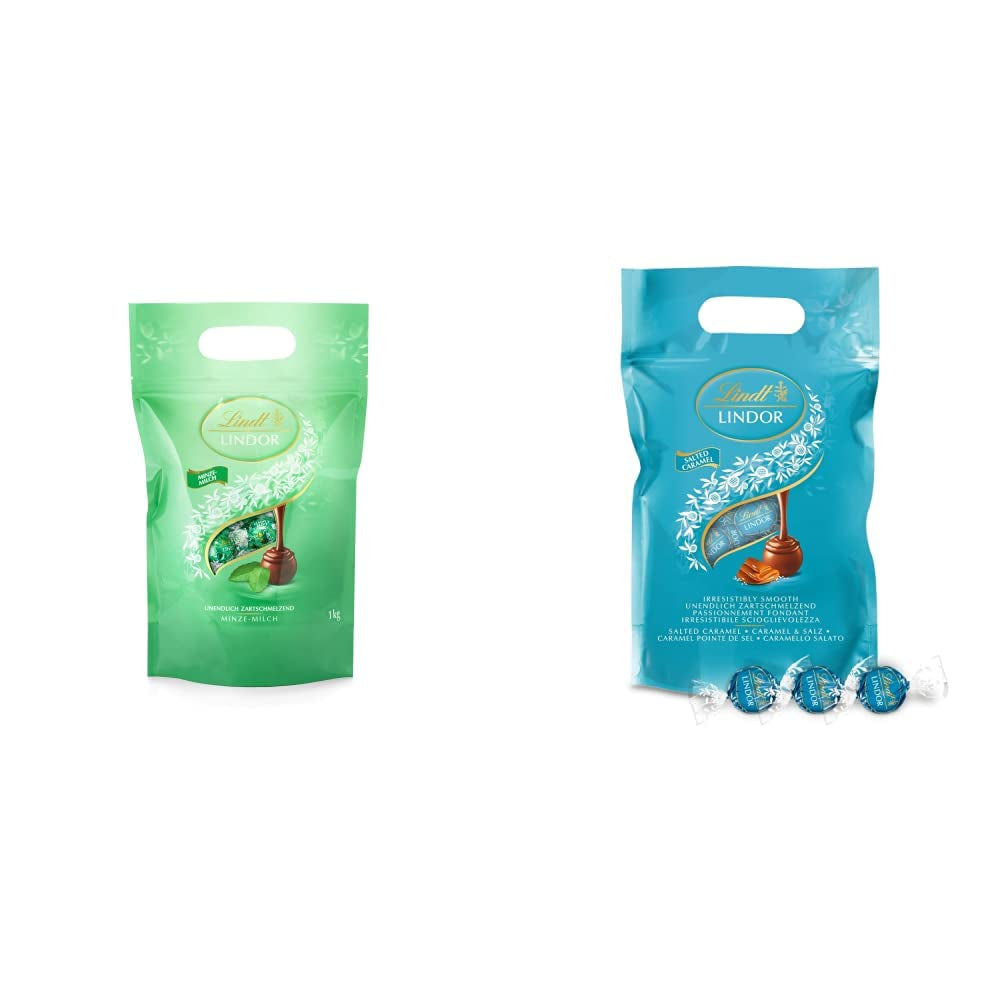 Palline di cioccolato LINDOR | Busta richiudibile da 1 kg | ca. 80 palline di cioccolato al latte con ripieno di menta | Confezione sfusa e palline di cioccolato al caramello salato LINDOR