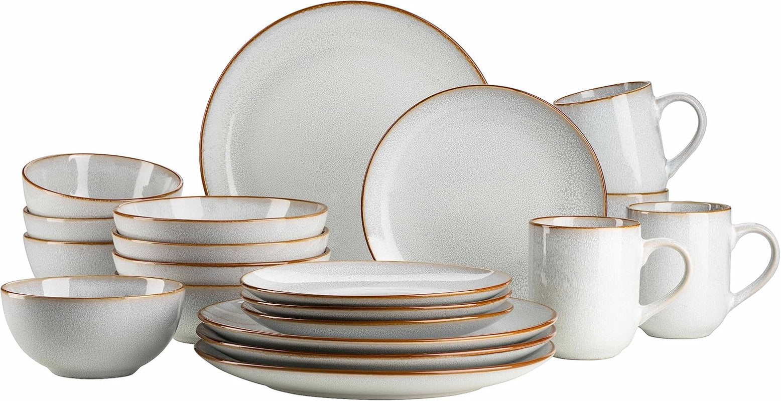 MÄSER Mabella, Servizio di stoviglie vintage per 4, servizio combinato da 20 pezzi con raffinata smaltatura reattiva e raffinato bordo marrone, Gres, Grigio-Beige