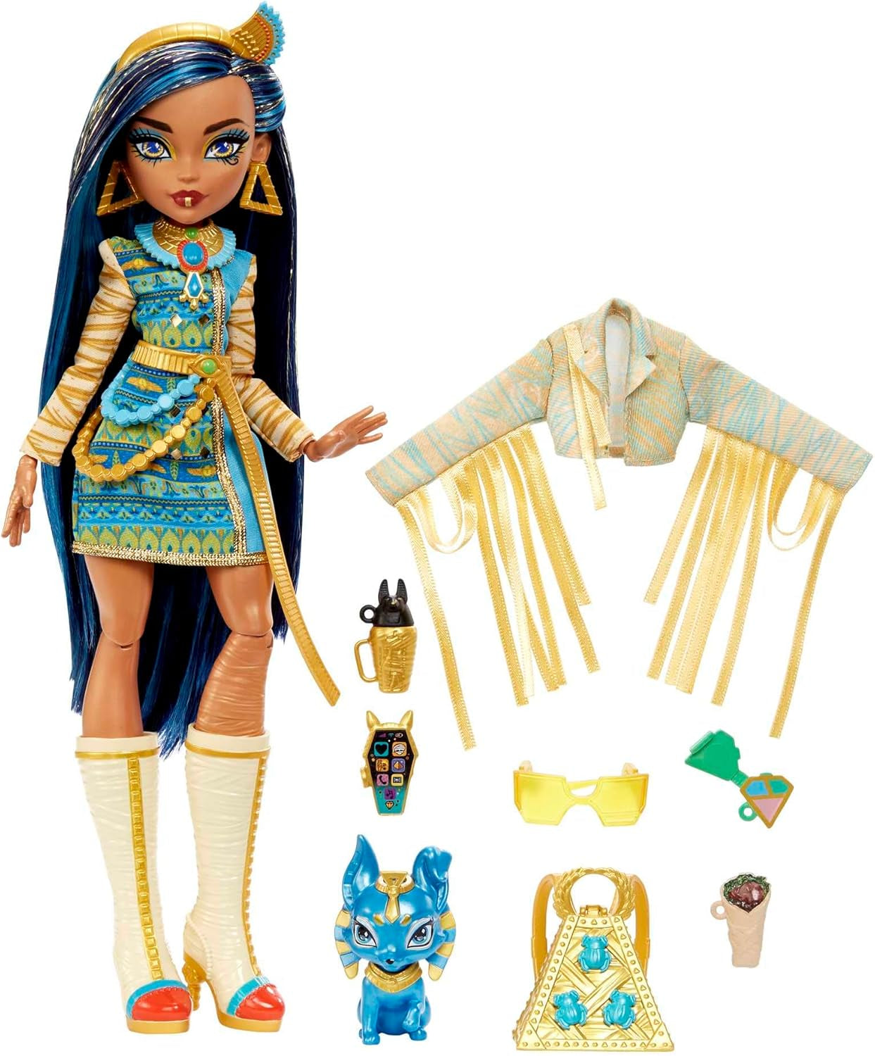Monster High Cleo De Nile bambola in camicetta dorata e gonna a strati, include animale domestico Cobra Hissette e accessori come zaino, snack e rotolo di carta, HXH74 Naty Shop Dolls Mummy Fashion Doll