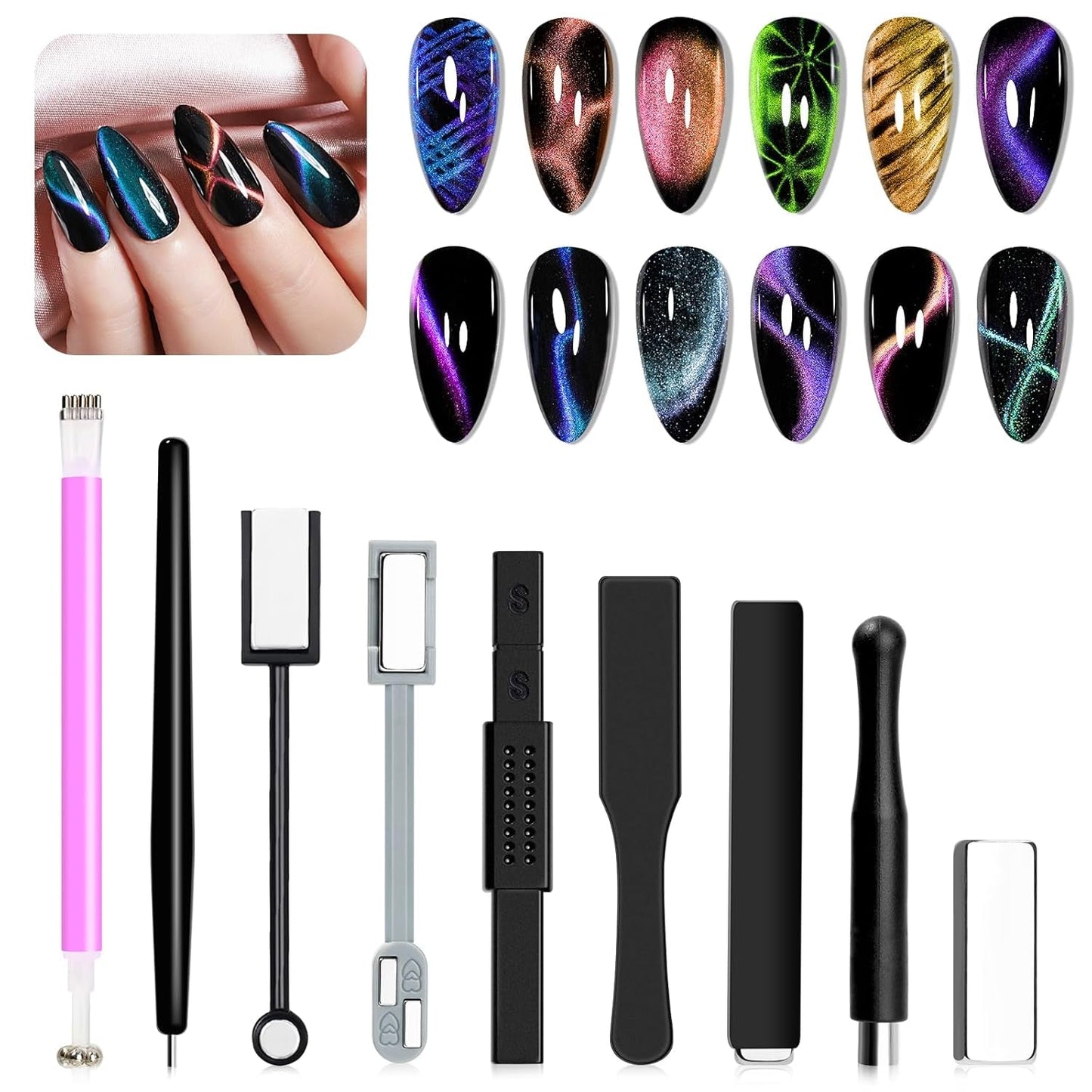 SUPWEE Strumento magnetico per unghie 5 in 1, Magnete rosa Cat Eye per unghie Stilo magnetico multifunzione Fai da te Magic 3D Magnet Stick Pen Set Nail Art Magnet Stick per Nail Art Articoli fai da te