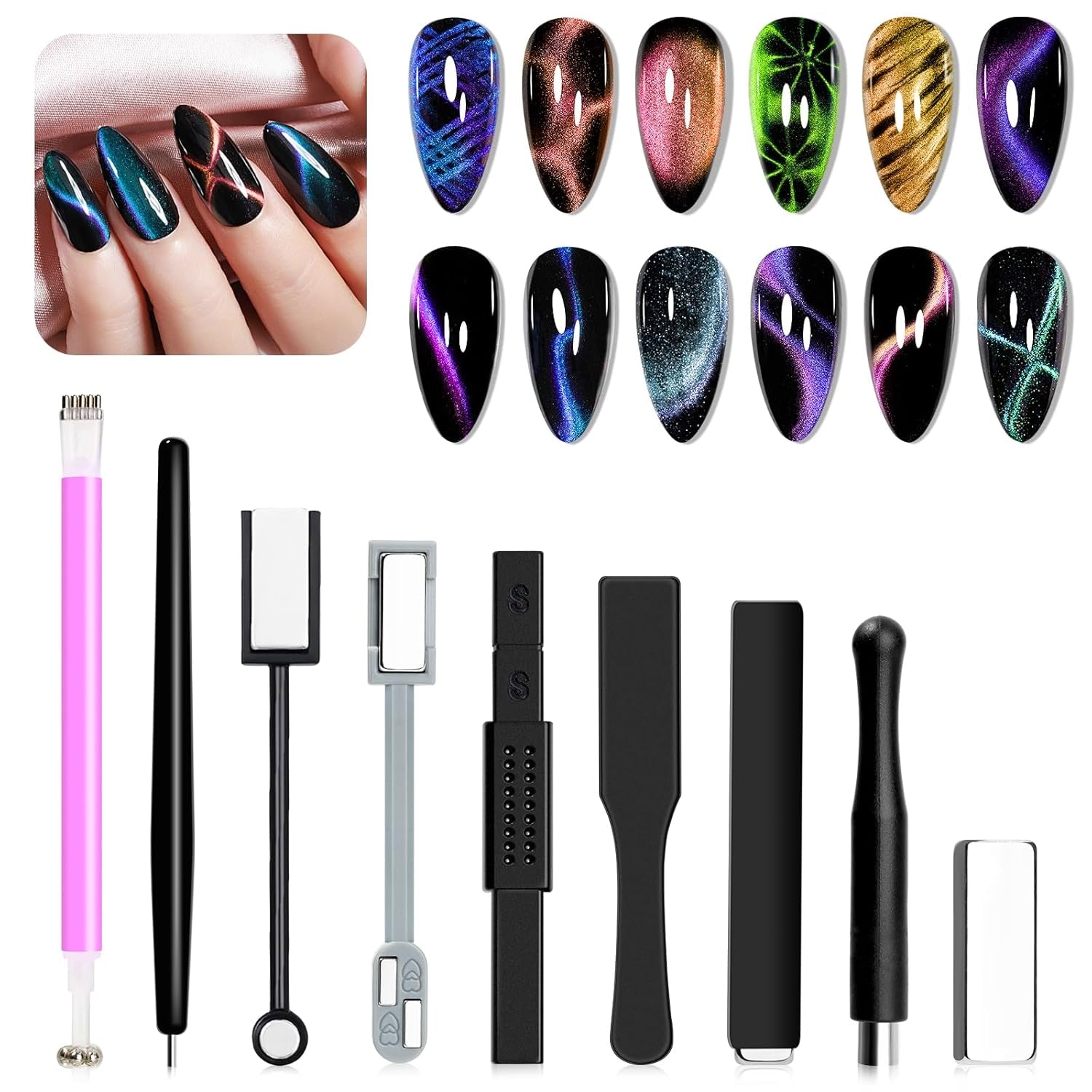 SUPWEE Strumento magnetico per unghie 5 in 1, Magnete rosa Cat Eye per unghie Stilo magnetico multifunzione Fai da te Magic 3D Magnet Stick Pen Set Nail Art Magnet Stick per Nail Art Articoli fai da te