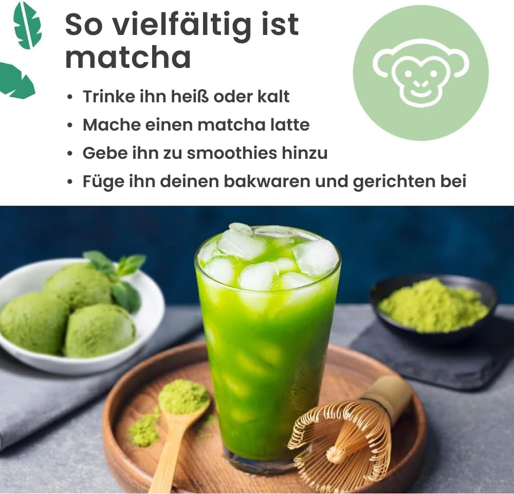 Polvere di matcha di grado cerimoniale Purechimp 50 g. Polvere di tè coltivata all'ombra pura al 100% per latte macchiato, infusi e ricette. Barattolo riciclabile. Ricco di antiossidanti.