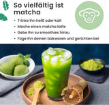 Polvere di matcha di grado cerimoniale Purechimp 50 g. Polvere di tè coltivata all'ombra pura al 100% per latte macchiato, infusi e ricette. Barattolo riciclabile. Ricco di antiossidanti.
