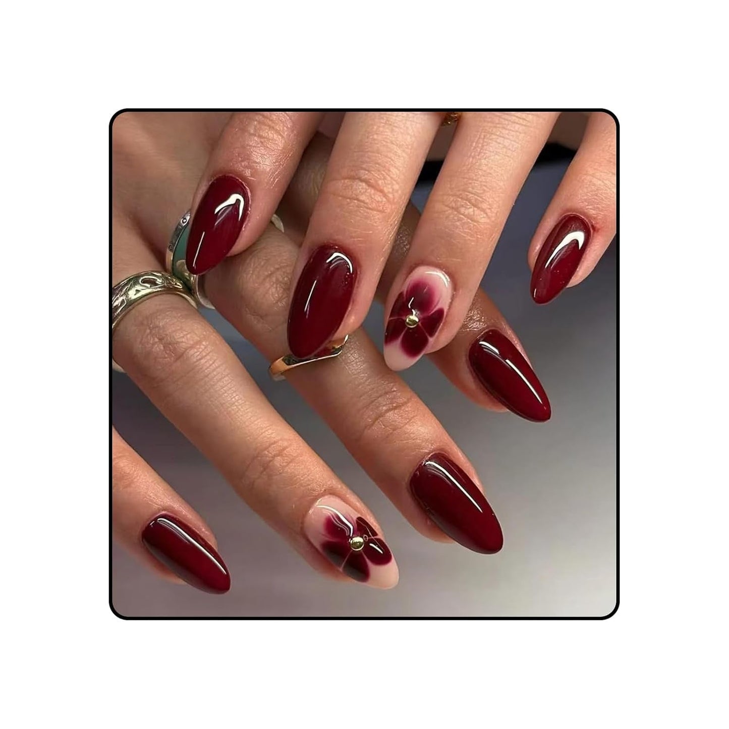 24 fiori bordeaux con armatura di diamanti, stampa sulle unghie, colla su unghie artificiali, set di punte per unghie