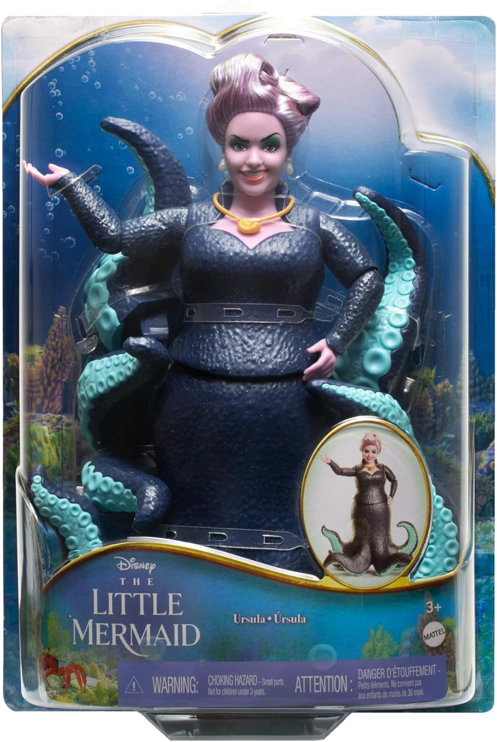 Mattel DISNEY Ariel La Sirenetta - Ursula con tentacoli, collana staccabile e chignon color lavanda per un divertimento senza fine con lo styling, adatta a bambini dai 3 anni in su, HLX12