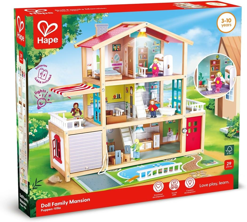 Hape Doll's Villa Casa delle bambole in legno con 10 stanze Gioco di ruolo creativo con mobili e accessori Giocattolo educativo per bambini dai 3 anni in su