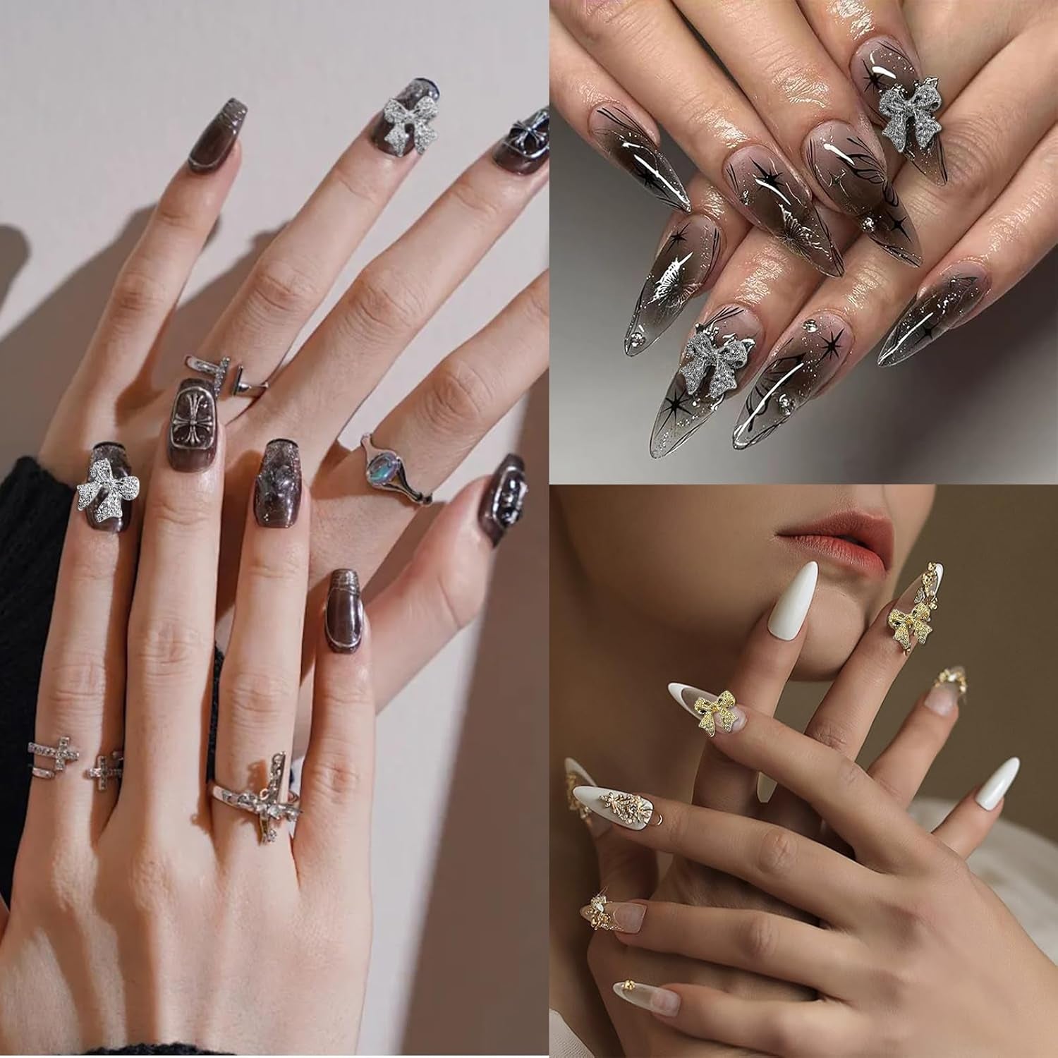 30 fiocchi per unghie in metallo, fiocchi color oro argento grigio, accessori per unghie, decorazioni per unghie per donne e ragazze, design per nail art