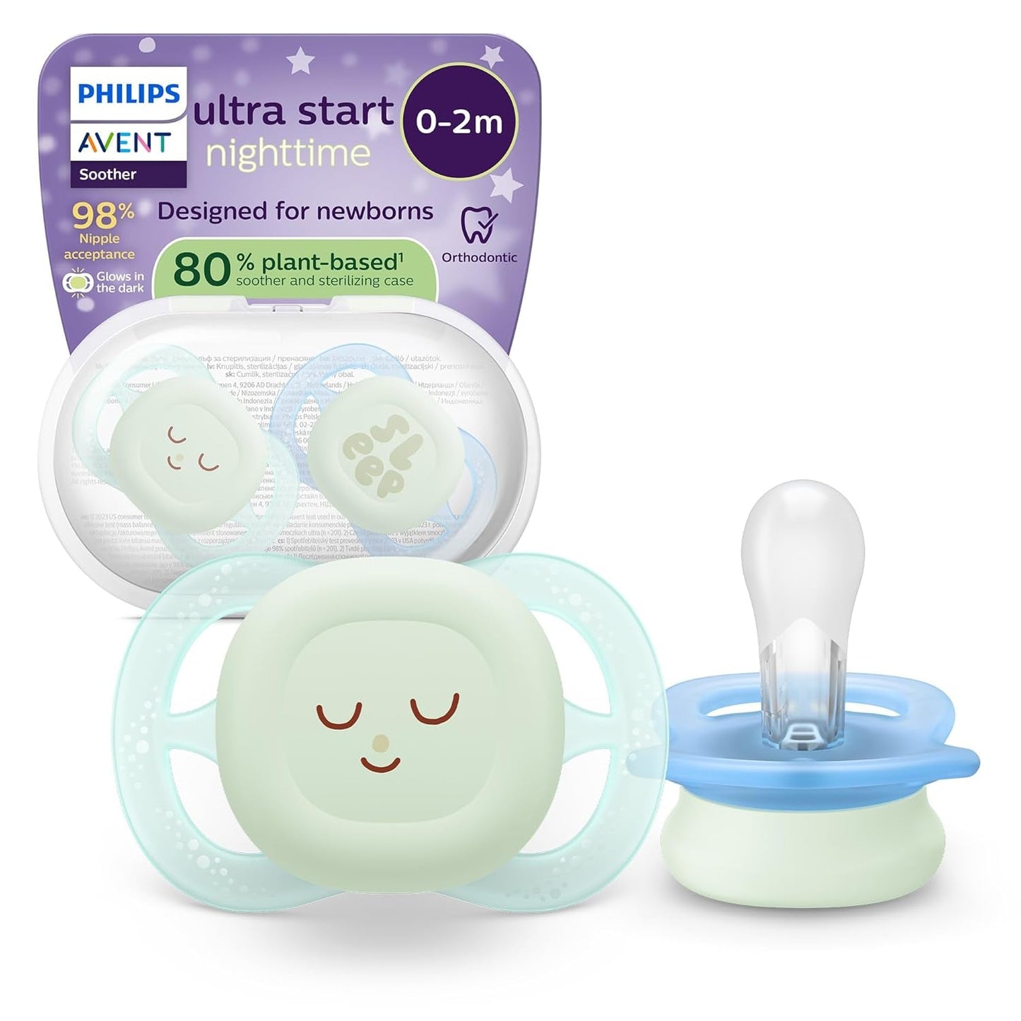 Philips AVENT Ciuccio Ultra Start Night, Ciuccio ortodontico per neonati, Si illumina al buio, Senza BPA, con contenitore per sterilizzazione, Confezione doppia, Luna, Stella, SCF075/07