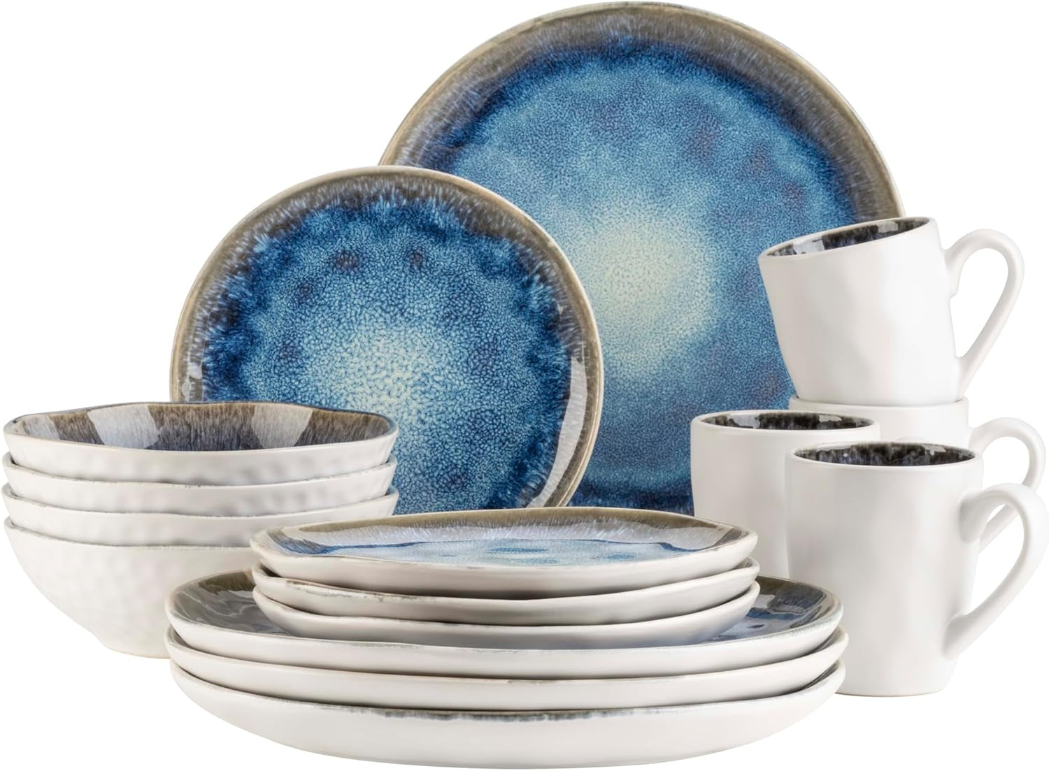 MÄSER 934092 Serie Frozen, Servizio da tavola in ceramica per 4 persone, Servizio combinato da 16 pezzi con forme organiche, Servizio tinto blu, Gres, Blu scuro