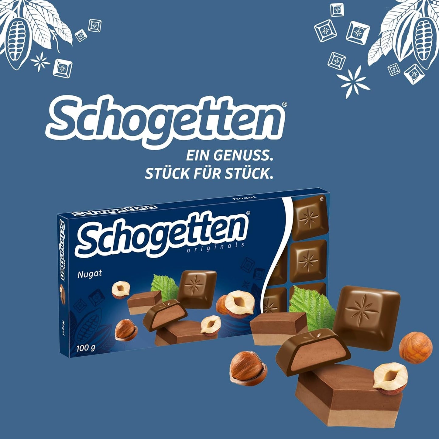 Tavoletta di cioccolato Schogetten Nougat 100g, porzionata singolarmente. Una delizia. Pezzo per pezzo.