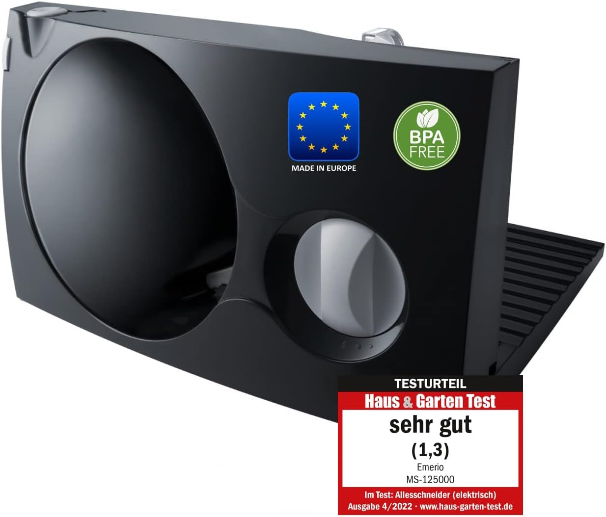 Emerio Affettatrice Multiuso "Made in EU" MS-125000, Lama in Acciaio Inox Made in Germany, Regolabile 0-17mm, 100W Naty Shop Grattugie e Affettatrici Singole Nere