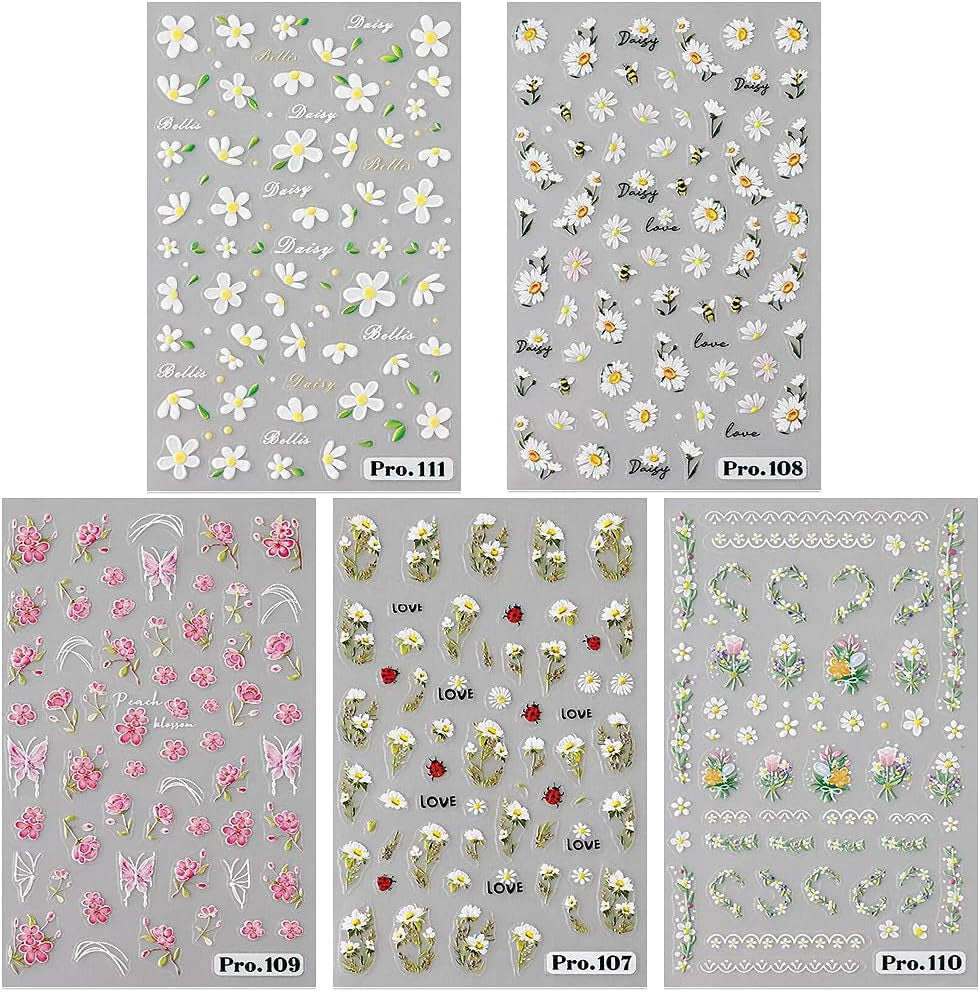 5 pezzi Geprägte Gänseblümchen Nagelsticker Selbstklebend Blumen Nagelaufkleber Gänseblümchen Schmetterling Nagel Sticker Nageldesign Aufkleber Nägel Zubehör Blume Nail Sticker Flower Nail Art Stickers