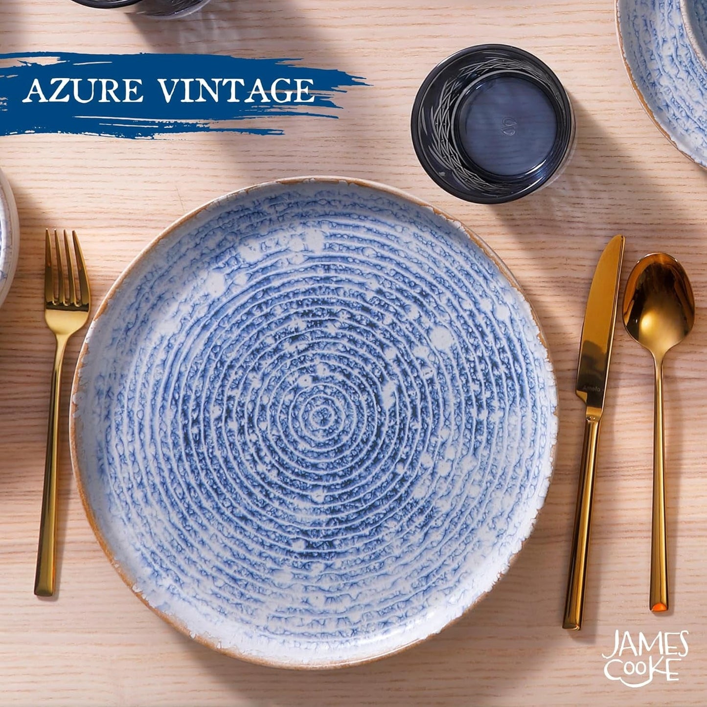 Set di stoviglie in gres vintage Azure per 6 - 24 pezzi - Strisce bianche e blu, superficie goffrata - Lavabile in lavastoviglie, forno e microonde
