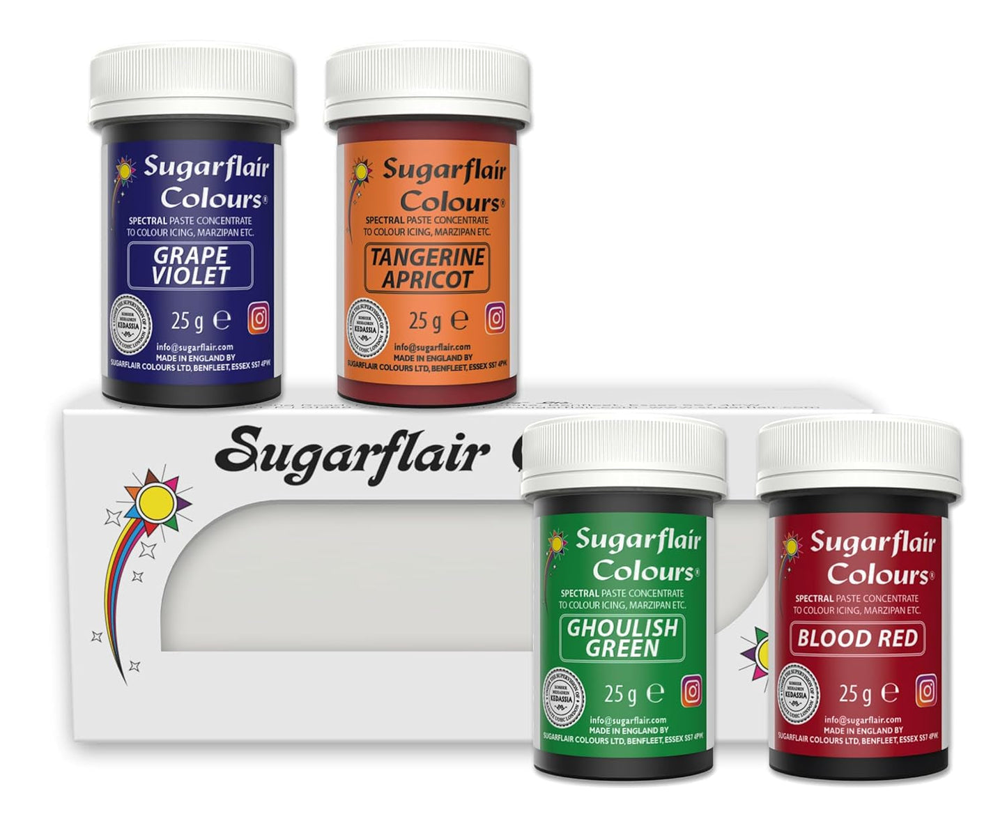 Sugarflair Pasta Food Coloring Set/4 Coloranti alimentari per pasta, fondente, marzapane, pasta di zucchero, crema al burro e altro ancora: verde macabro, viola uva, rosso sangue