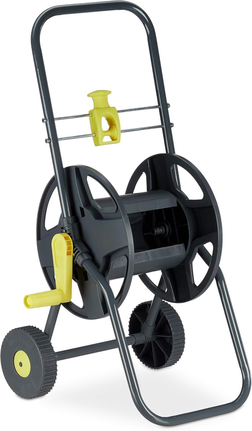 Relaxdays Carrello portatubo 45m, avvolgitubo mobile da giardino e balcone, con guidatubo, 76,5x44x41 cm, grigio-giallo