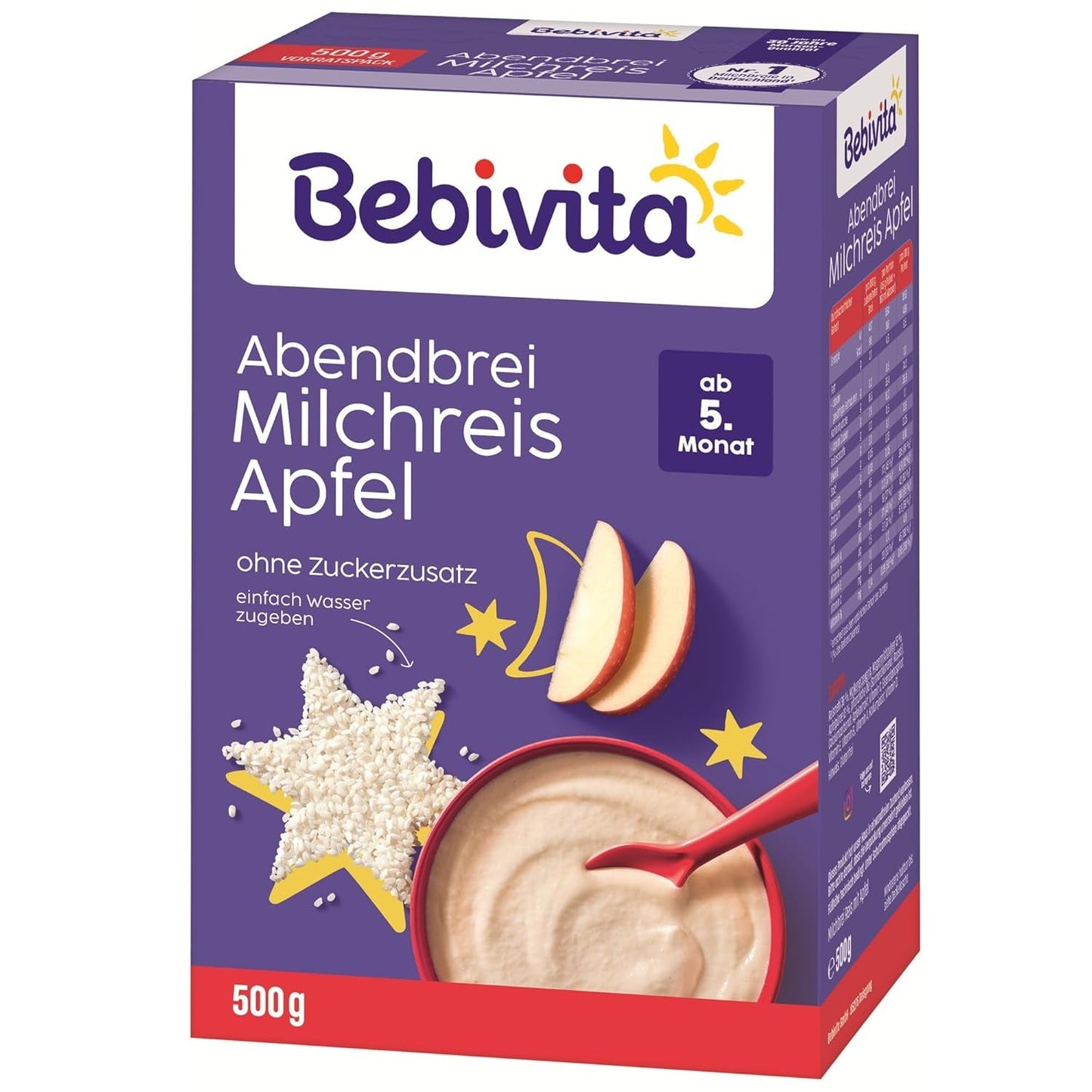 Budino di riso con mele e porridge serale (4x500g), porridge di latte di 5 mesi, con preziosi minerali e vitamine, senza zuccheri aggiunti, molto saziante
