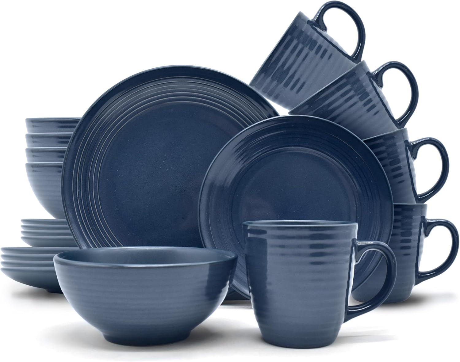 ECHTWERK "Alicia" Set di stoviglie combinate vintage da 16 pezzi Design moderno per 4 persone Elegante set di stoviglie in gres blu scuro con 4 piatti 4 piatti laterali 4 ciotole 4 tazze da tè