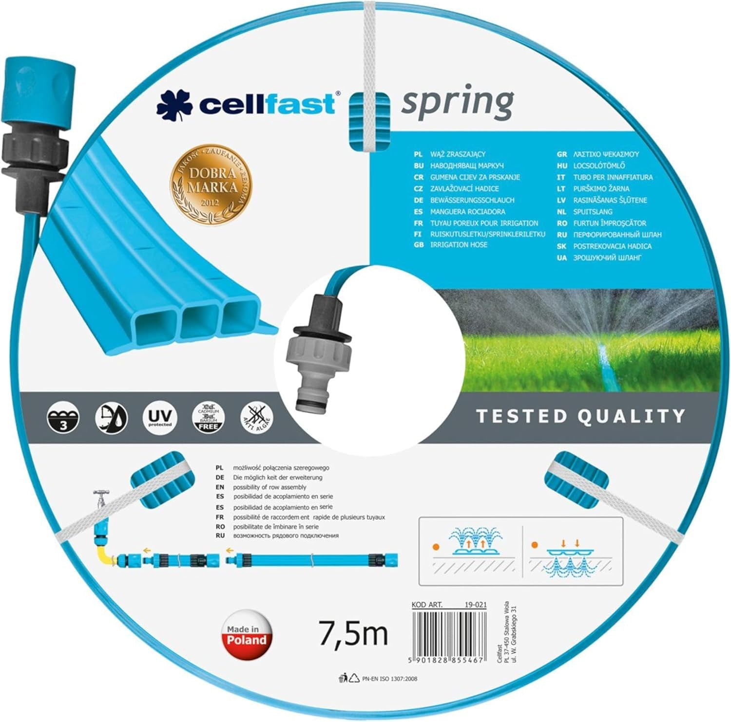 Tubo per irrigazione Cellfast SPRING, Tubo per irrigazione a tre canali con connettori completi, Realizzato in filo di alta qualità, Resistente ai raggi UV, 15 m, 1/2 pollice, 19-022, Multicolore, 38x38x8 cm