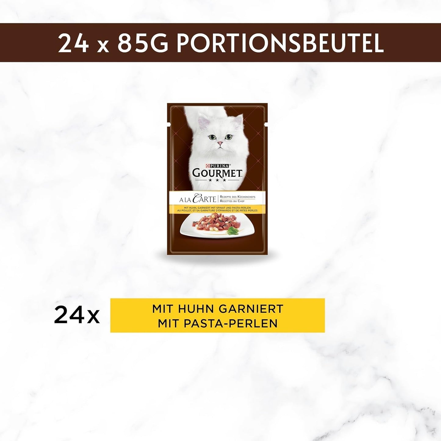 Alimento umido per gatti Gourmet à la carte con pollo, spinaci e perle di pasta, confezione da 26 (26 x 85 g)