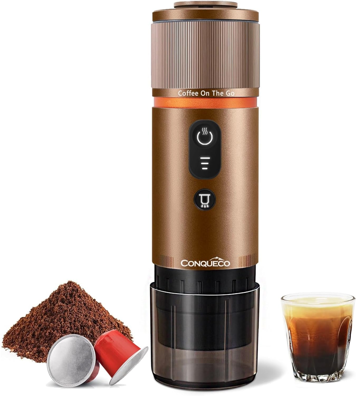 Macchina per caffè espresso CONQUECO 12V: macchina per caffè espresso portatile con batteria per campeggio e viaggi - Riscaldamento rapido in 2,5 minuti - 8 tazzine per caffè espresso in una sola carica