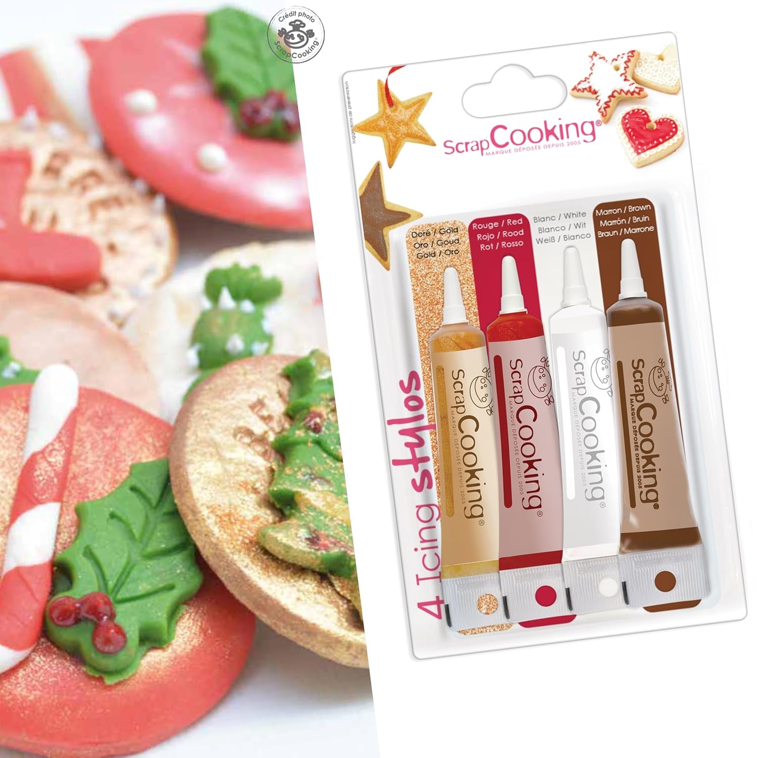 Scrapcooking - Pennarelli 4 pezzi: oro, cioccolato, bianco e rosso - penne commestibili decorative per scrivere e disegnare su dolci, torte e biscotti