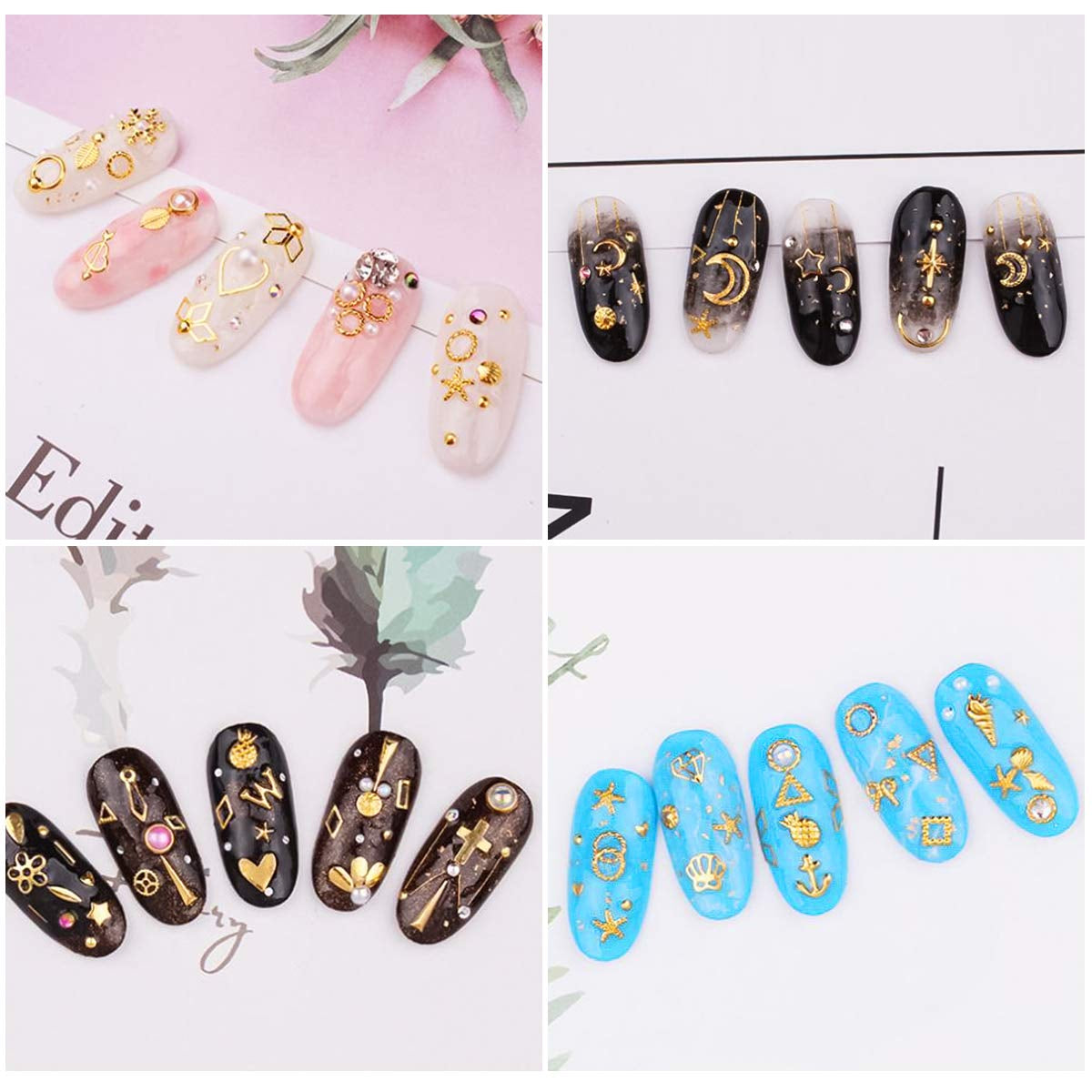 4 scatole Nagel Art Strass, Decorazioni 3D Nagel Art, Mix Größe Nagel Perlen Glitter Strass Gold Metall Hohlniet Nagelkunst Stern Mond Sonne Nagel Zubehör Für DIY Nageldesign
