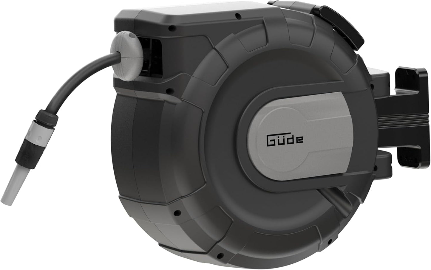 Avvolgitubo automatico Güde 30-2-2 1/2 (rotazione di 180°, per montaggio a parete, tubo da 30 m, getto d'acqua, supporto a parete, retrazione automatica, arresto retrazione, maniglia di trasporto, 2 attacchi rapidi)