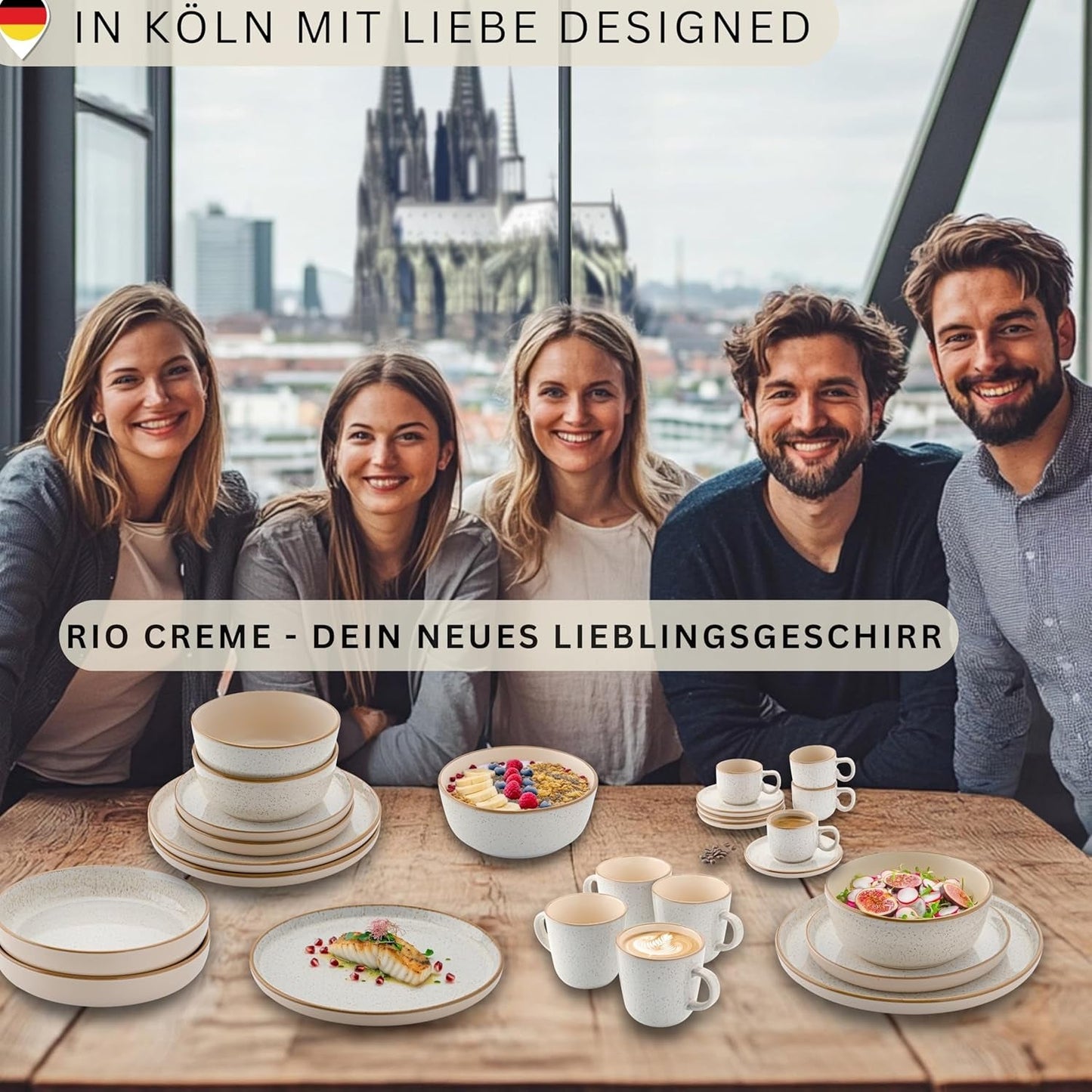 SÄNGER Rio Creme | Set di stoviglie in gres da 18 pezzi per 6 persone, inclusi 6 piatti piani, 6 piatti da dessert e 6 ciotole | LA COLLEZIONE DI VALORE
