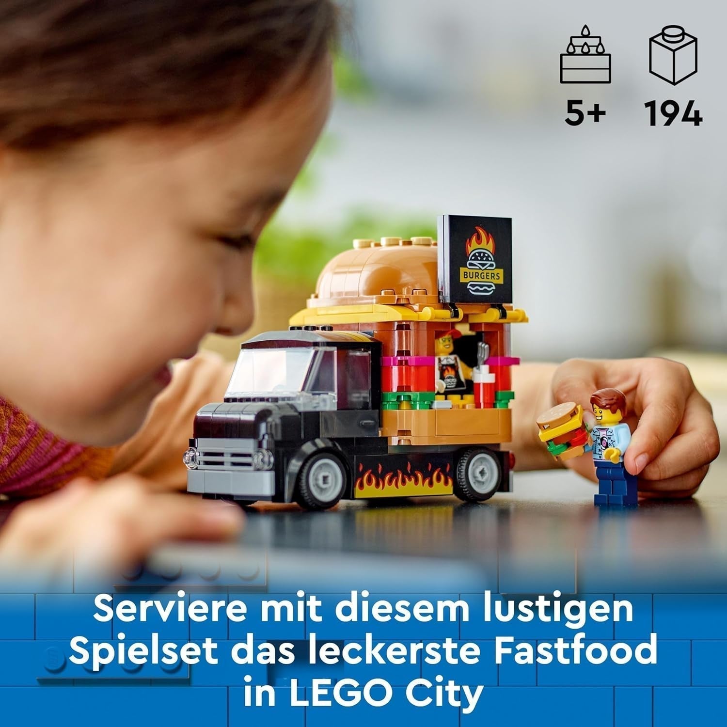 LEGO City Set da costruzione del camion degli hamburger con macchinina per bambini di 5 anni, minifigure del camion del cibo e accessori, regalo divertente per ragazzi e ragazze 60404 Set da costruzione Besuche den LEGO-Store