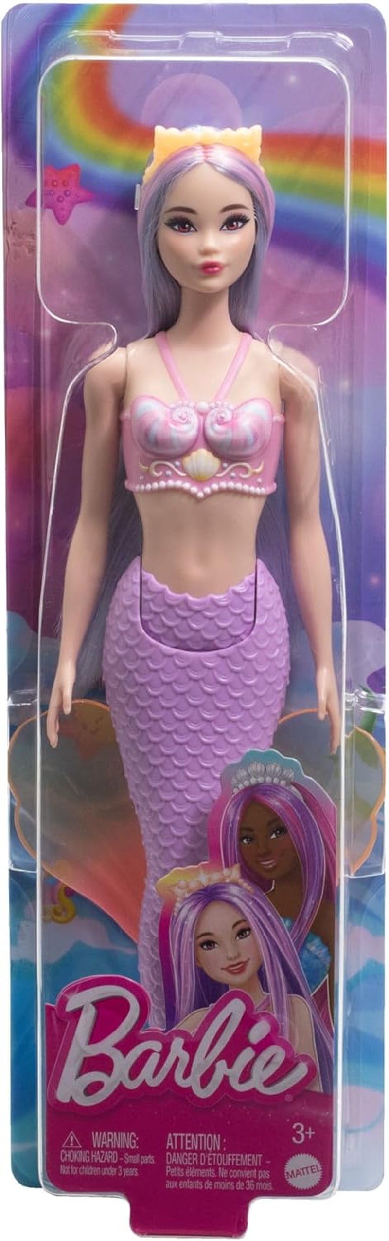 Barbie Sirena con Capelli Decorati Rosa e Lilla e Fascia per Capelli, Top a Conchiglia e Pinna Coda Blu Lavanda, HRR06 Naty Shop Dolls