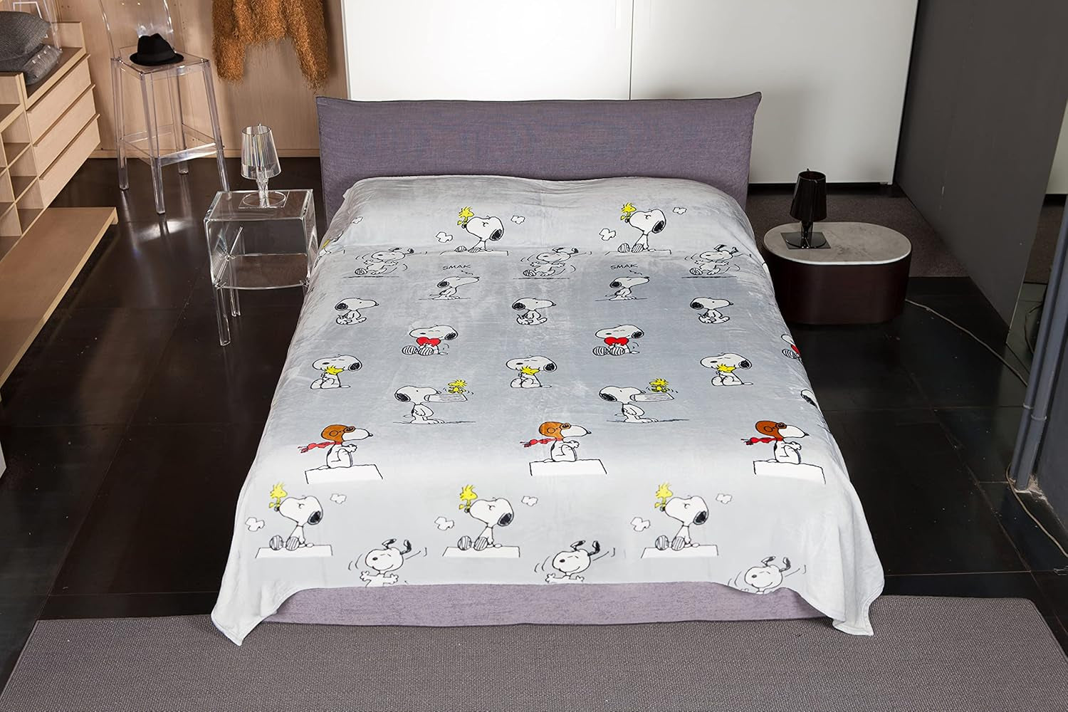 Kanguru Bed, copriletto, coperta in pile per letto matrimoniale, coperta in microfibra, Snoopy Peanuts GRIGIO, 230X230Cm, coperta estiva, copriletto per camera da letto Letti e coperte Besuche den Kanguru-Store