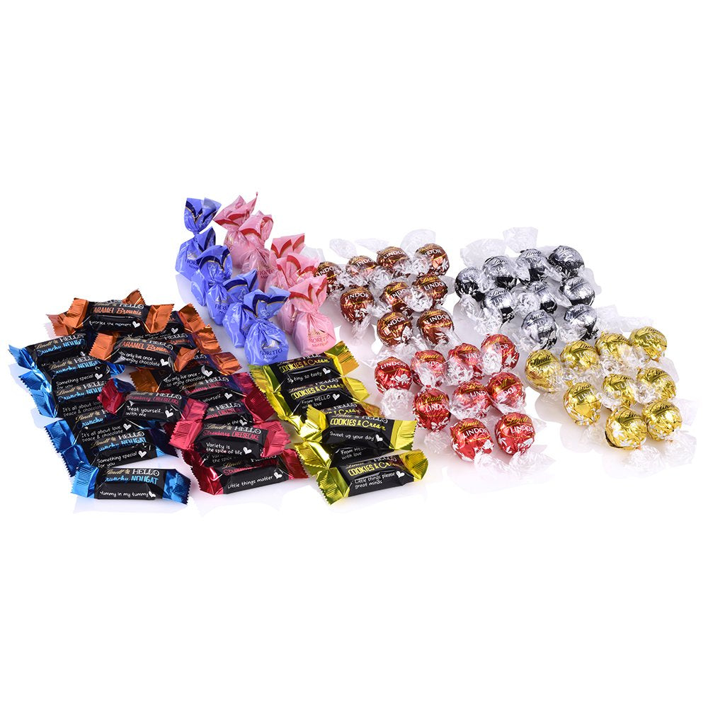 Assortimento di cioccolato (37 palline LINDOR, 24 Mini bastoncini Hello, 10 Mini Fioretto), regalo di cioccolato (1 x 815 g) e Mini Emoti HELLO, cioccolato al latte in 5 disegni emoticon, 164 g
