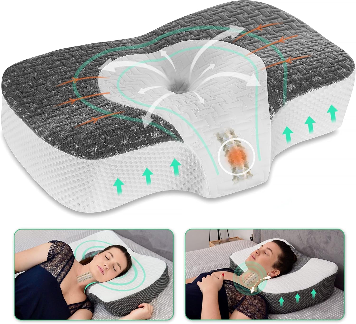 Elviros Cuscino Ortopedico Memory Foam, Cuscino per Dolore al Collo, Cuscino per Dormire, Cuscino per Collo ergonomico, Cuscino per Supporto per Collo, Cuscino Anti Russamento per chi dorme sul fianco, per chi dorme sullo stomaco, Bianco Naty Shop Cuscini Ortopedici Cervicali Grigio Scuro 60 X 38,6 X 9,9/13,5 Cm
