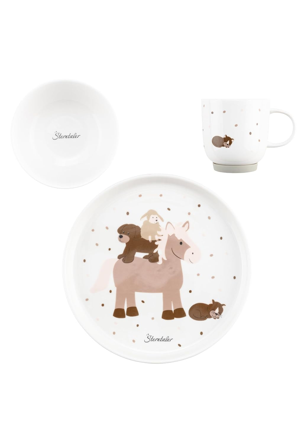 Set di stoviglie in porcellana Sterntaler dal design rustico - Set di stoviglie con base in silicone antiscivolo e rimovibile - Stoviglie per neonati e bambini con piatto, ciotola da 400 ml e tazza da 200 ml, bianco