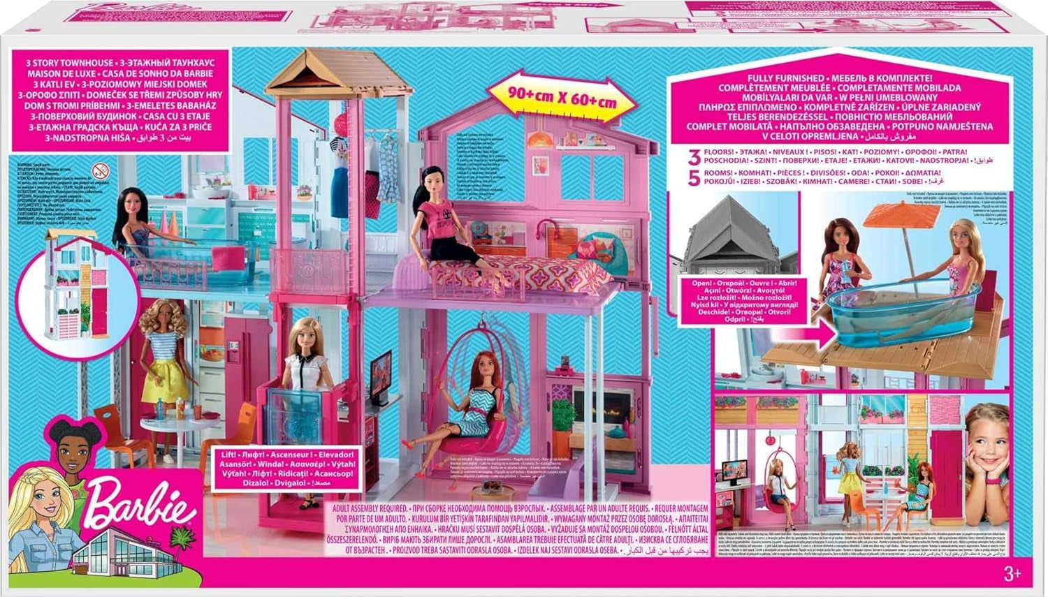 Barbie Dream House, casa a schiera a 3 piani e 5 stanze, include accessori come mobili, pieghevole e portaoggetti, giocattolo per bambini dai 3 anni in su, DLY32