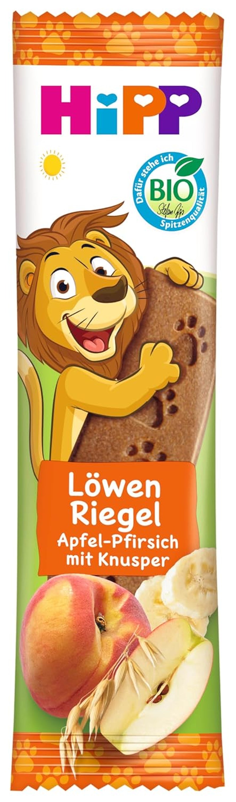 Barrette di Muesli HiPP Lion con Avena Croccante, Mela e Pesca (24 x 20g), da 1 anno, addolciti solo con frutta, della migliore qualità biologica