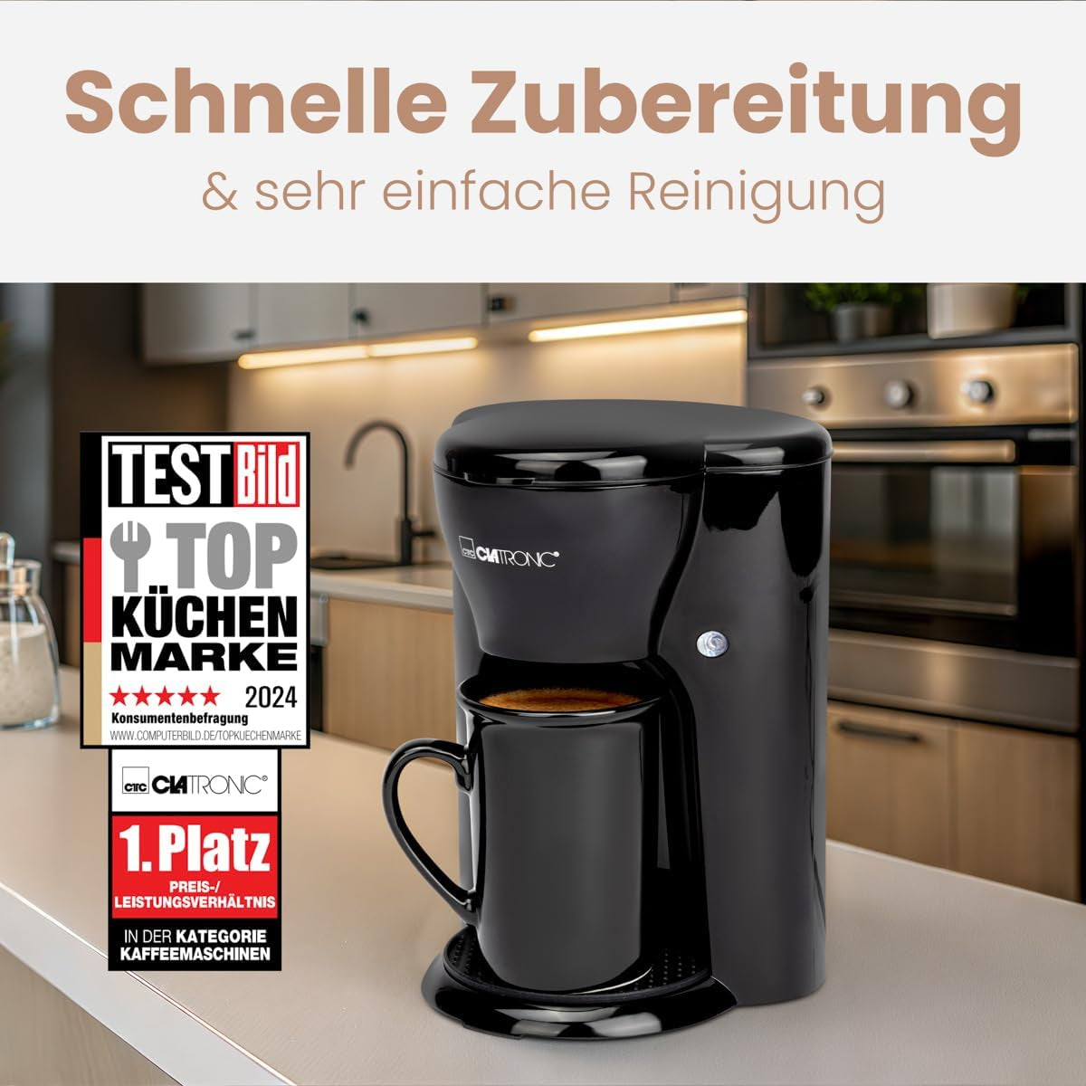 Caffettiera Clatronic® da 1 tazza | Macchina per caffè espresso perfetta per single | Macchina per caffè espresso con filtro, inclusa tazza in ceramica | Piccola macchina per caffè espresso con filtro, ideale per i viaggi | KA 3356