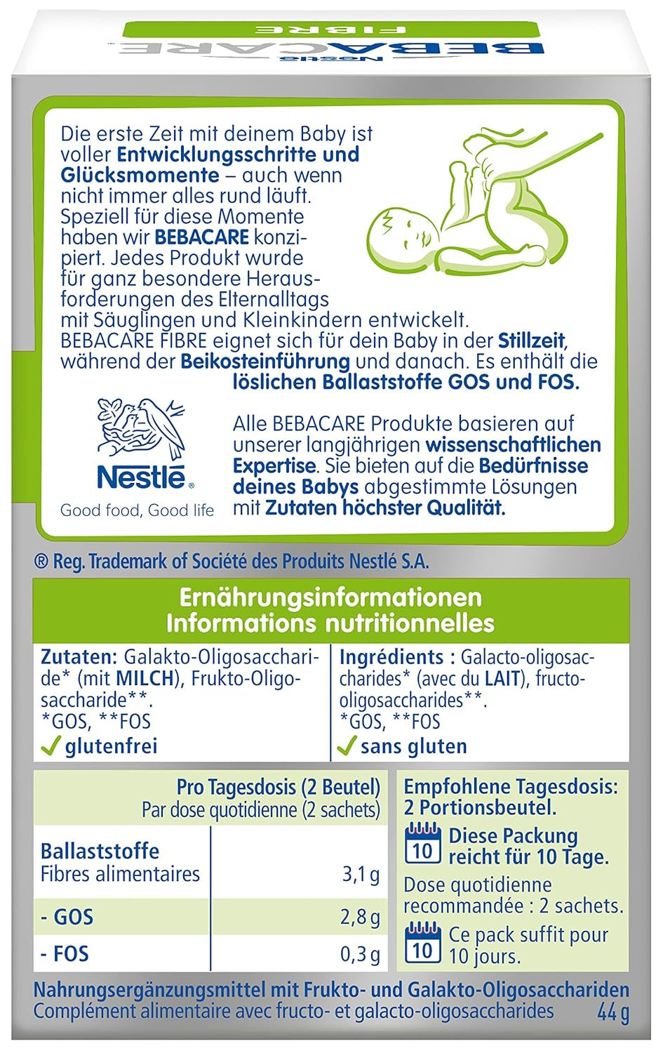 BEBACARE FIBER integratore alimentare senza glutine per una digestione delicata, integratore alimentare per neonati dalla nascita e bambini piccoli, 1x (20 x 2,2 g)