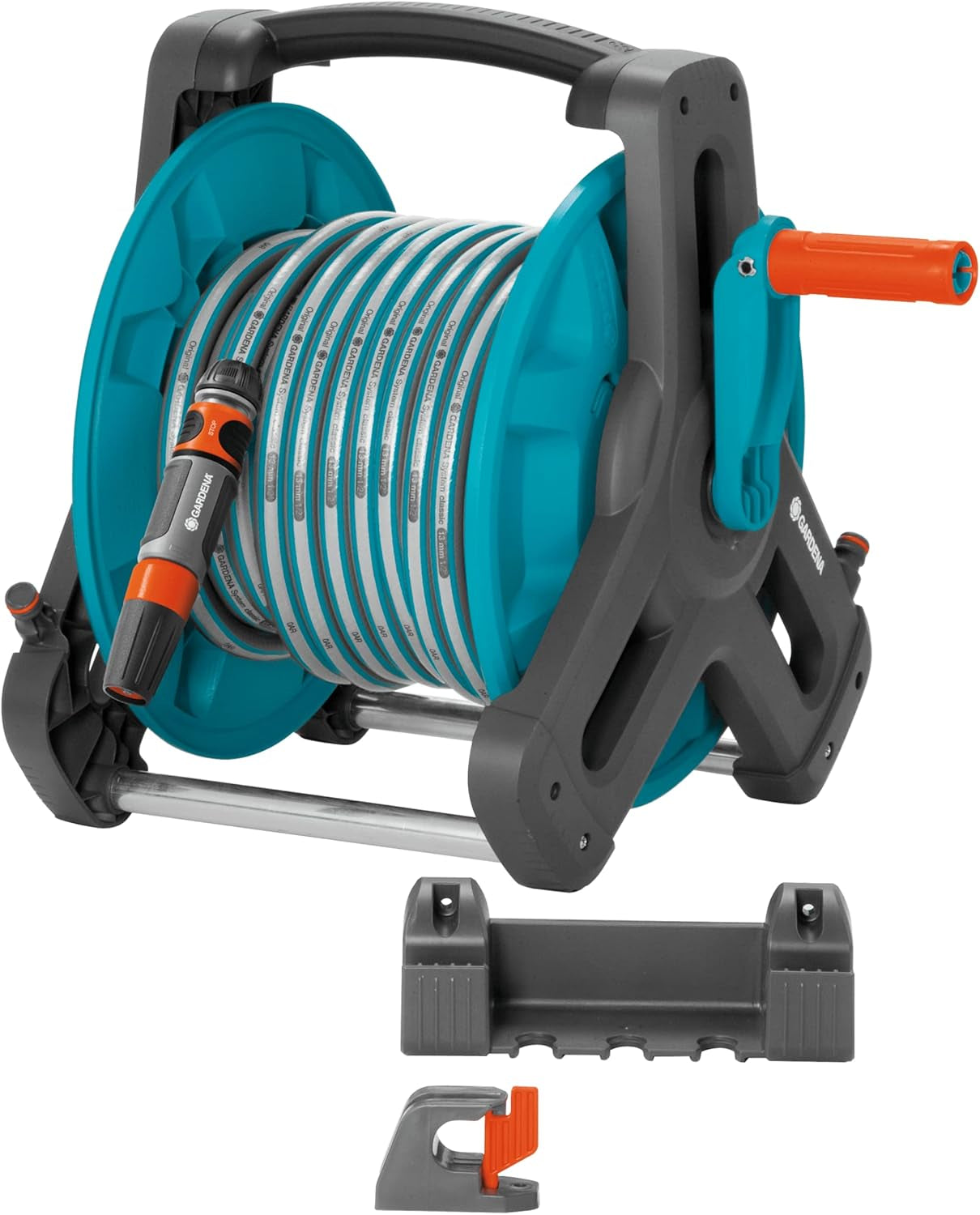 Set avvolgitubo da parete Gardena Classic 50: avvolgitubo mobile, salvaspazio, montabile a parete e rimovibile in qualsiasi momento, con tubo da 20 m, ugello spruzzatore e parti di sistema (8009-20)