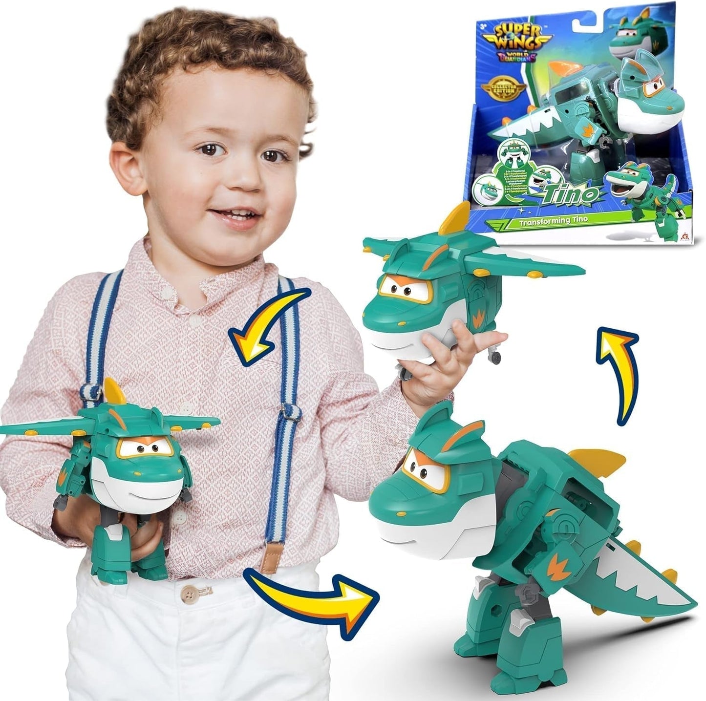 Super Wings Personaggi trasformanti da 5" Confezione da 2 Jett sovralimentato trasformante + Tino Giocattolo trasformatore per ragazzi e ragazze dai 3 anni in su Action Figure rosse Naty Shop Tino