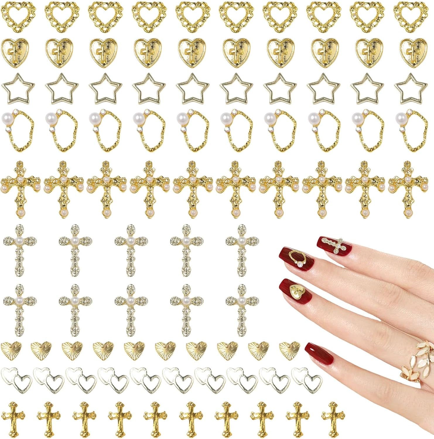Ciondoli per unghie dorati 80 pezzi Croce rosa cuore Vergine Maria Gemme per unghie Lega di metallo Accessori per unghie per decorazioni di design per manicure Artigianato fai-da-te