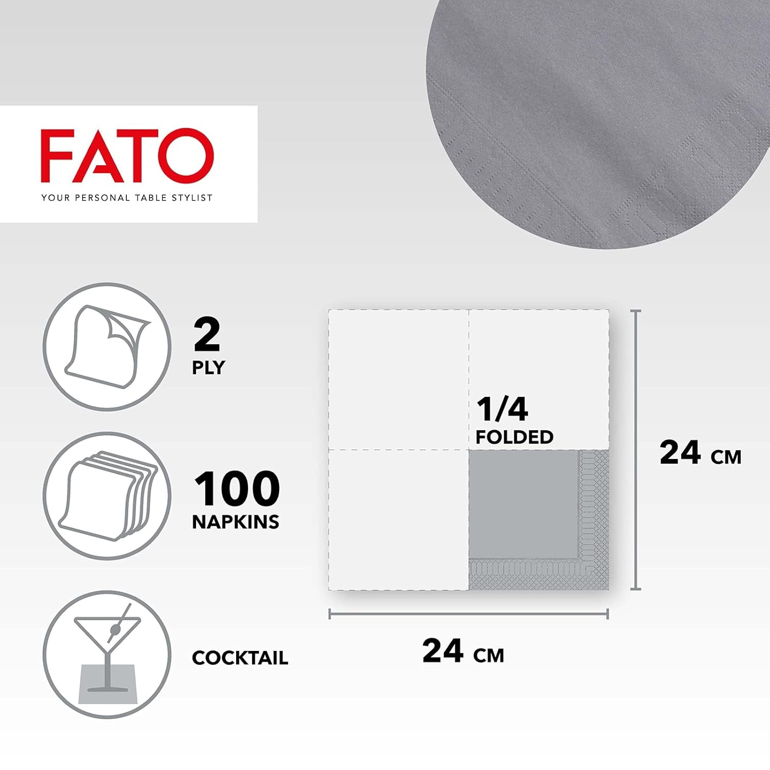 - Tovaglioli di carta usa e getta, Ideale per aperitivi e cocktail, Confezione da 100 tovaglioli, Formato 24X24, Piegato 4 volte, 2 strati, Colore Grigio, Carta di pura cellulosa 100%, Certificato Fsc