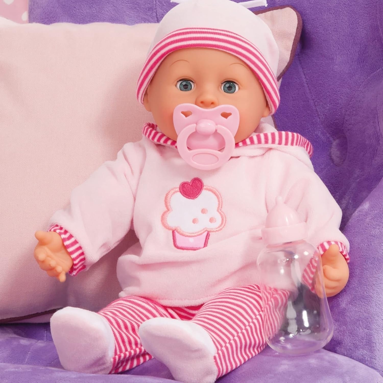 Bambola First Words con occhi assonnati, parla 24 suoni da bambino, con bambola e biberon, 38 cm, rosa/righe Naty Shop Dolls