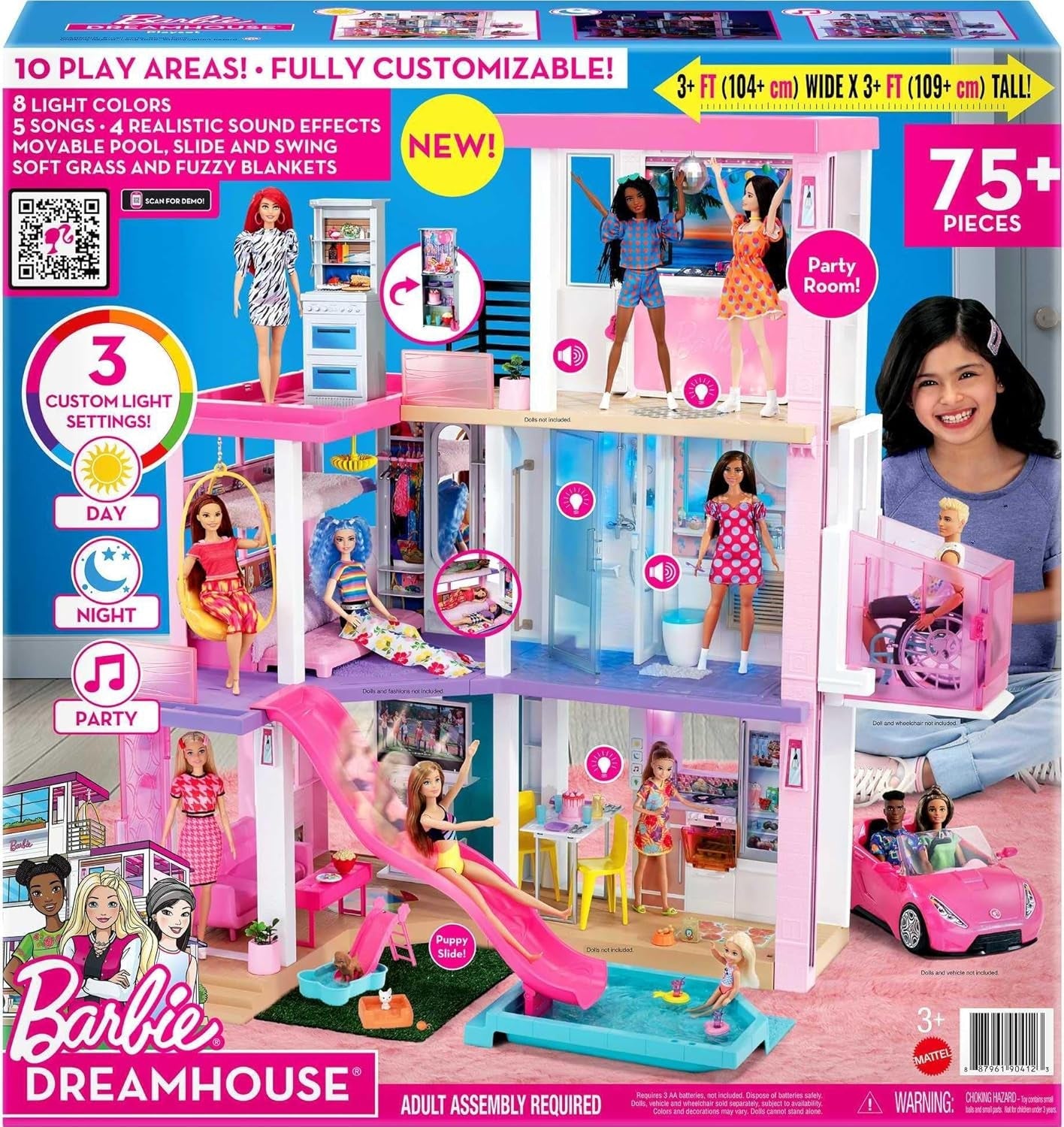 Barbie Dream House (114 cm), casa delle bambole a 3 piani, piscina, scivolo, ascensore per sedie a rotelle, 75 accessori, bambole, adatta come regalo per bambini dai 3 anni in su, GRG93