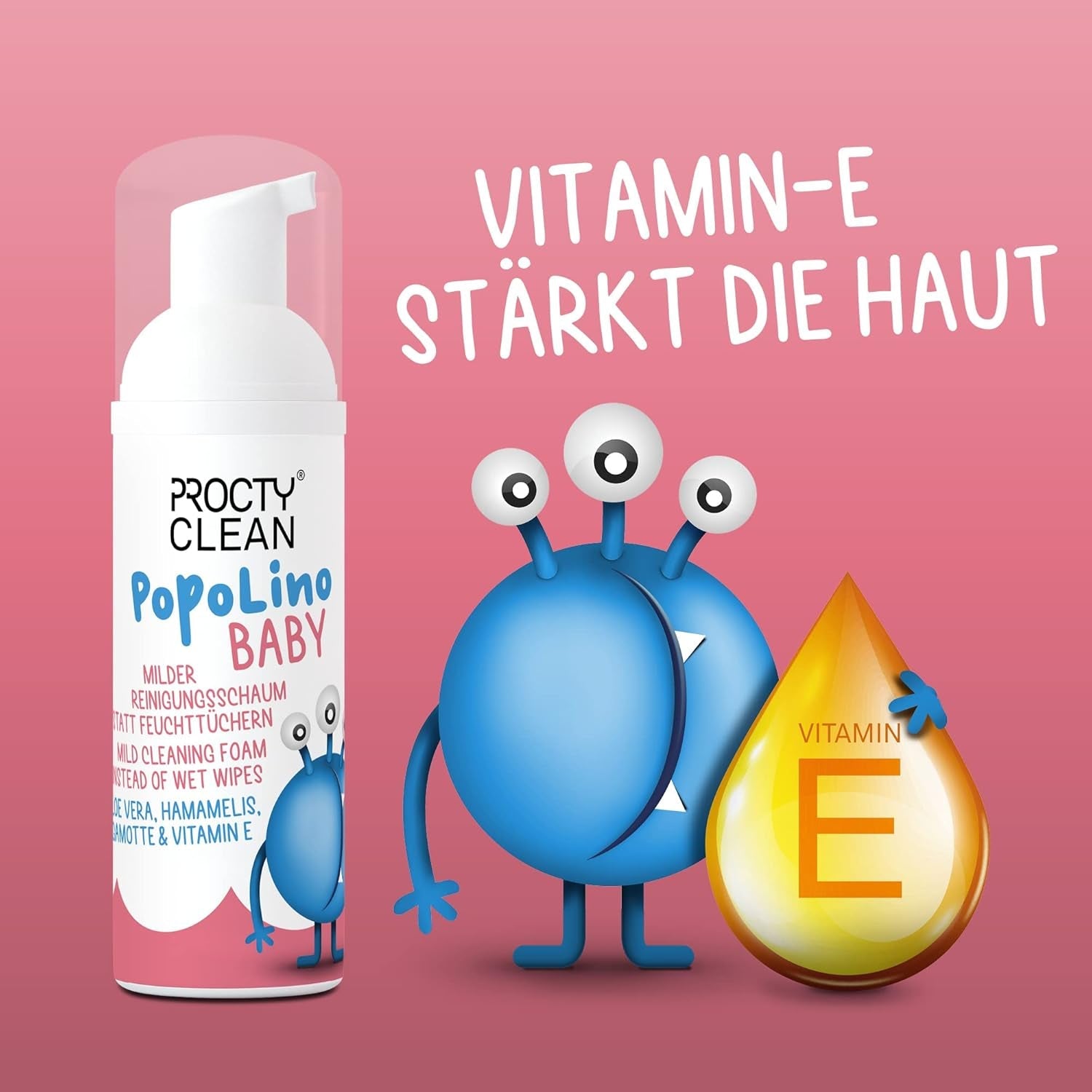 PopoLino Baby fondo morbido in schiuma al posto delle salviette umidificate. Schiuma detergente cosmetica vegana e naturale! Schiuma per i sederi con aloe vera, amamelide, bergamotto e vitamina E. Rende felici i sederi e l'ambiente.