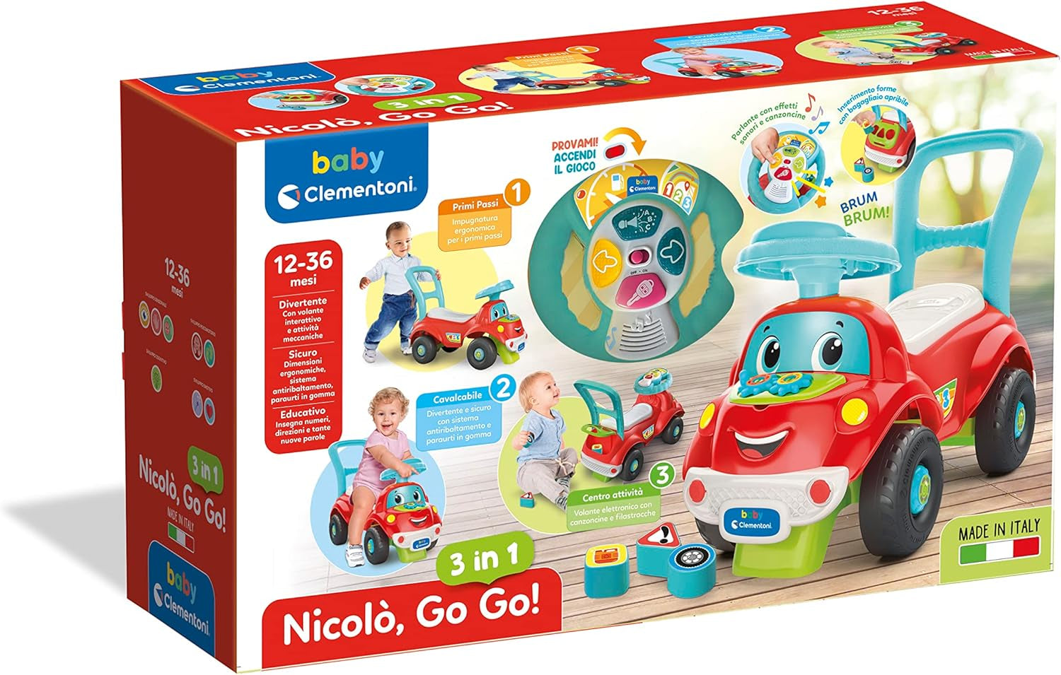 Clementoni - 17747 - Nicolò Go Go 3 in 1 - Macchinina, altoparlante elettronico didattico, primi passi, luci e suoni, gioco per bambini da 1 anno - Made in Italy Bebe Toys Naty Shop