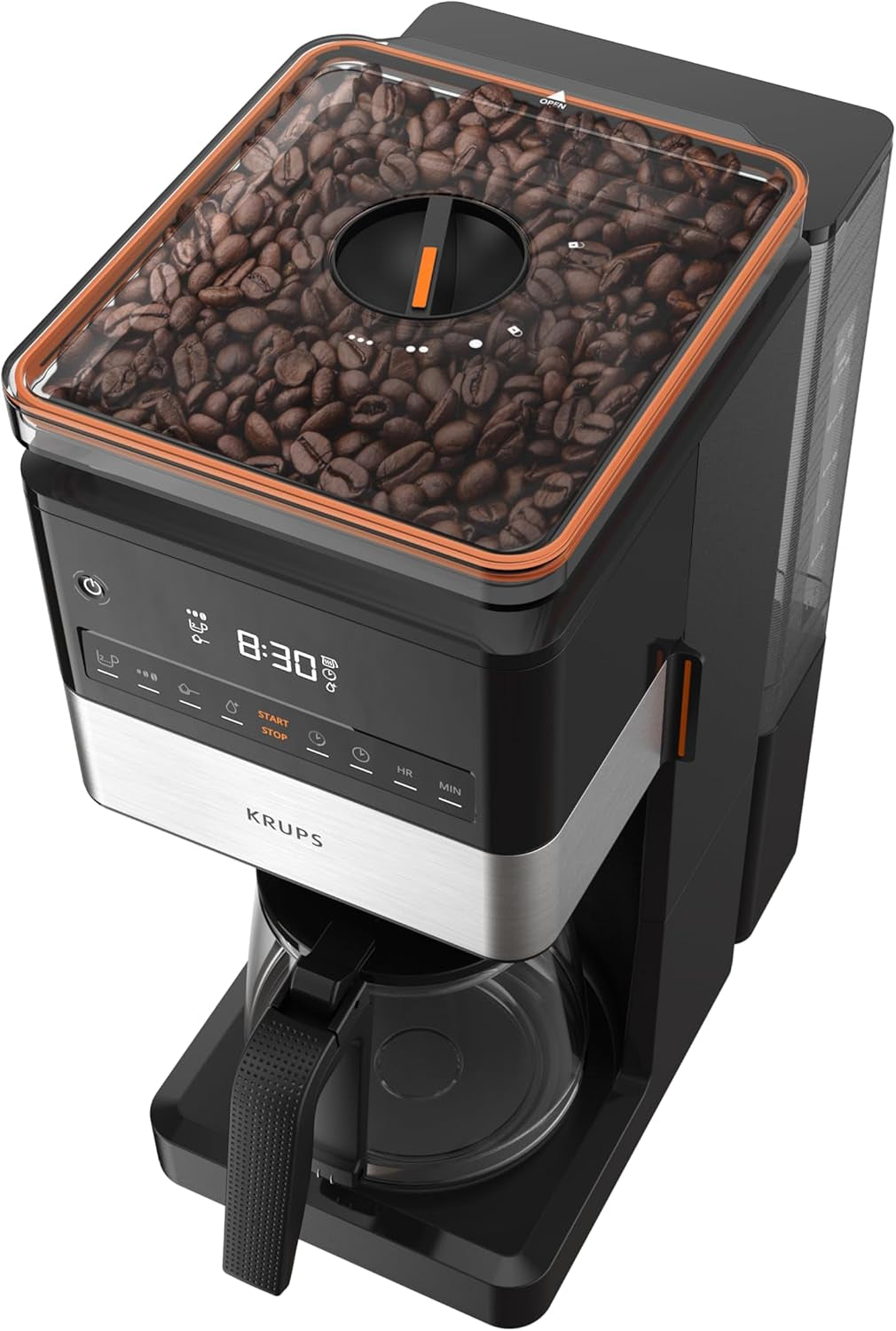 KRUPS Grind Aroma XL Macchina per caffè espresso, Macinino conico rimovibile, Pannello di controllo digitale, Capacità XL (1,5 L), Funzione Mantieni caldo, Caraffa in vetro, Nero/Acciaio inossidabile, KM842810