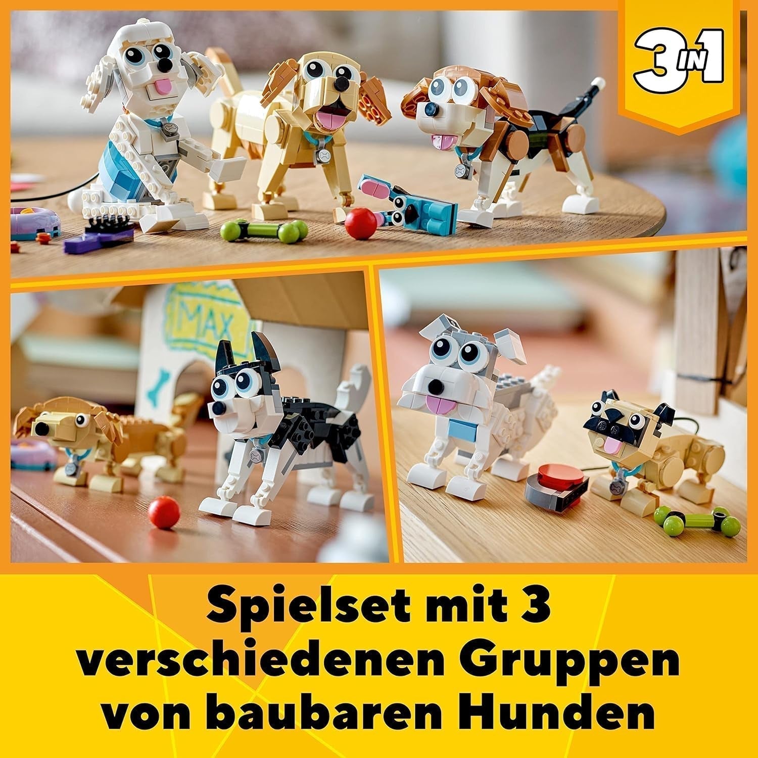 LEGO Creator 31137 Set simpatico cane 3 in 1 con personaggi di animali bassotto, carlino, barboncino e altri, giocattolo per bambini 7+, regalo per gli amanti dei cani Set di costruzione Besuche den LEGO-Store