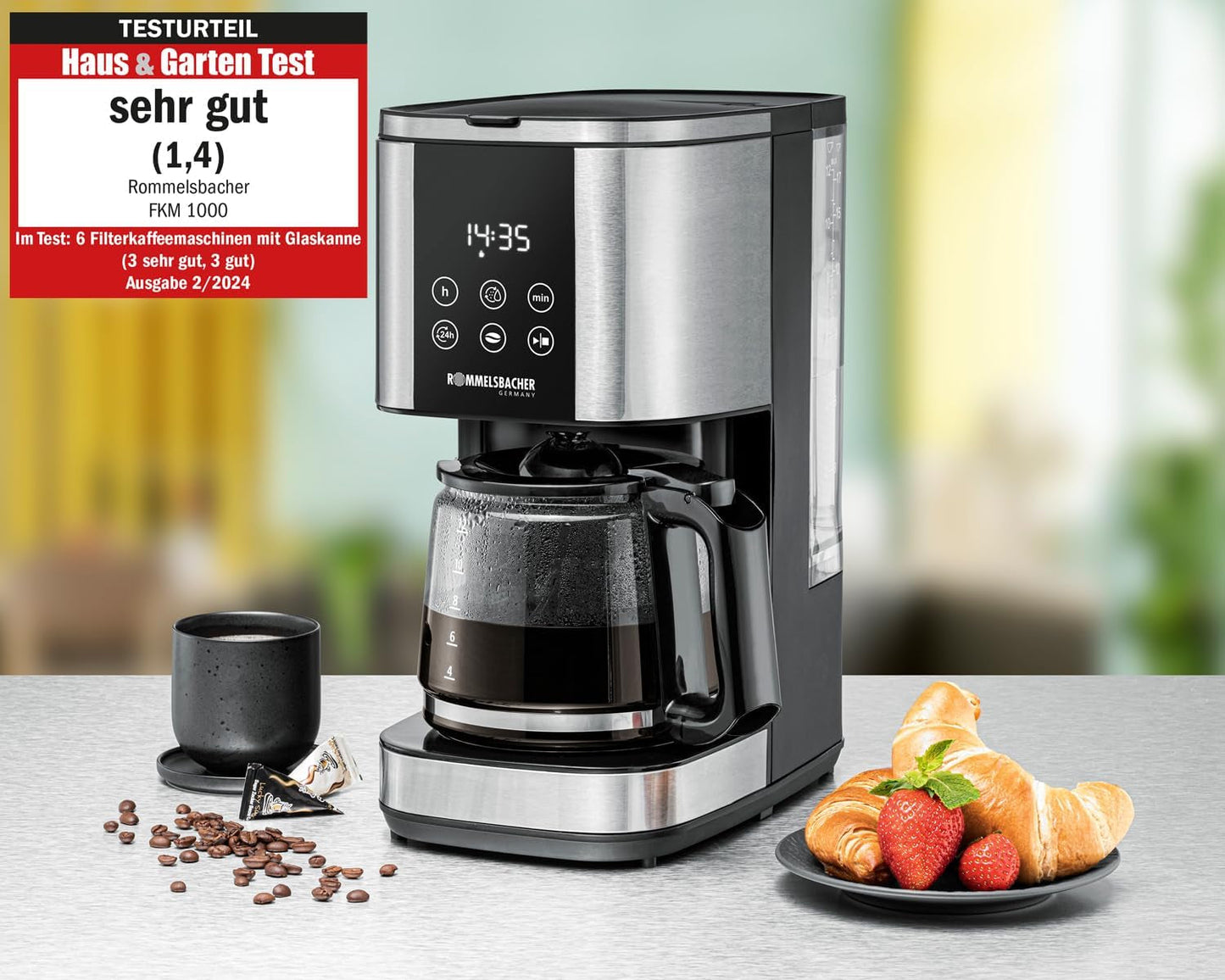 Macchina per caffè espresso con filtro Rommelsbacher FKM 1000 - serbatoio dell'acqua da 1,5 litri per 12 tazze di caffè, caraffa in vetro, avvio ritardato, funzione di mantenimento in caldo, funzione aroma, portafiltro rimovibile 1x4